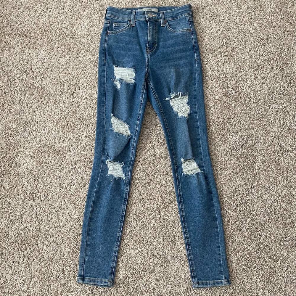 TOPSHOP Moto Jamie High Waist Ankle Grazer Blue Denim Distressed Jeans size 25